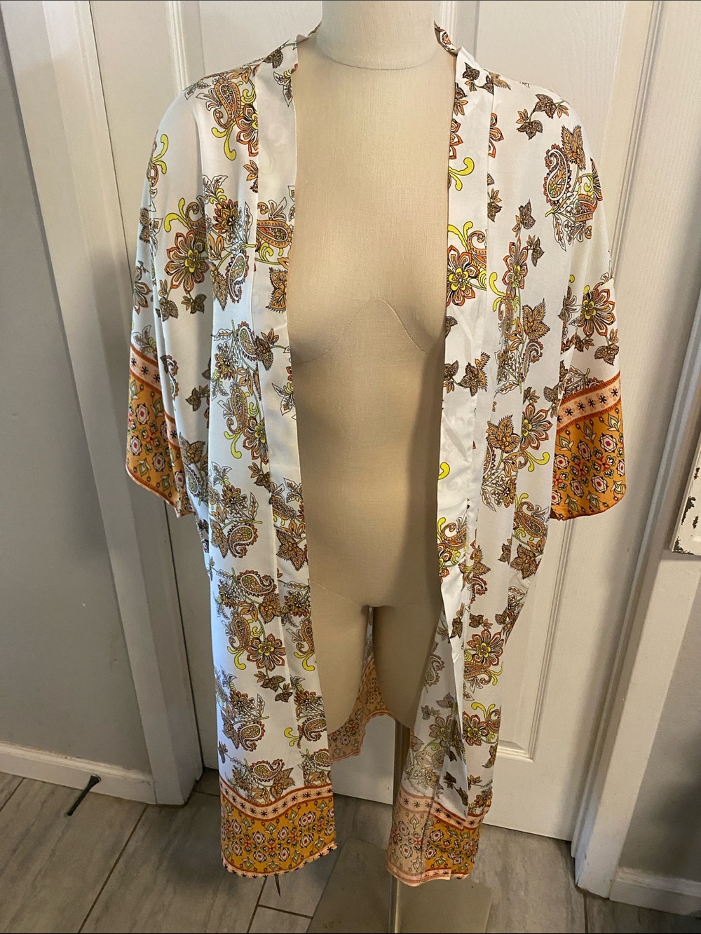 White Paisley Print Kimono with Gold-Orange Border by Justin Taylor